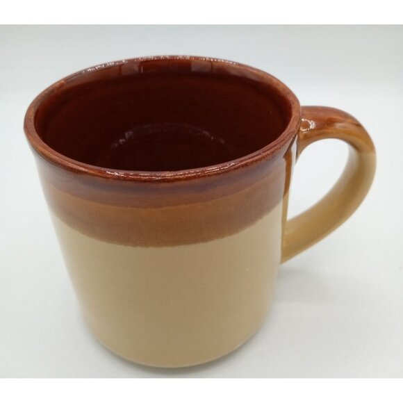Two-Tone Brown & Tan Dip Glazed Ceramic Coffee Mug with Handle Vintage 3.25" - Picture 6 of 16